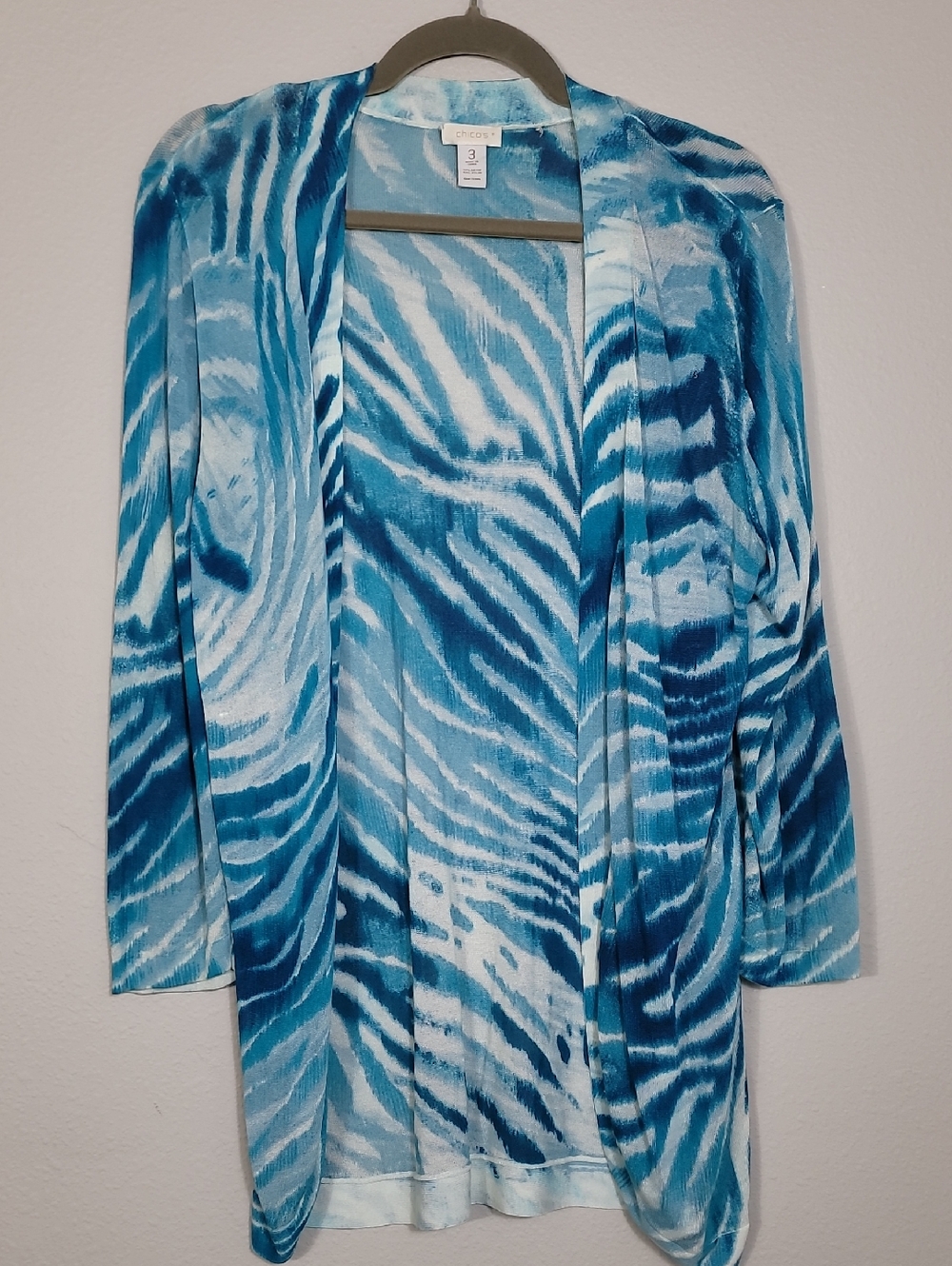 Chicos Zebra Print Open Cardigan Size 3 XL Blue White Longline Duster Maximalist